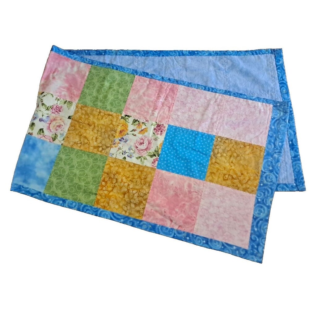 Quilted Table Runner Handmade Patchwork Pink Blue Floral Cottage Boho 67x20